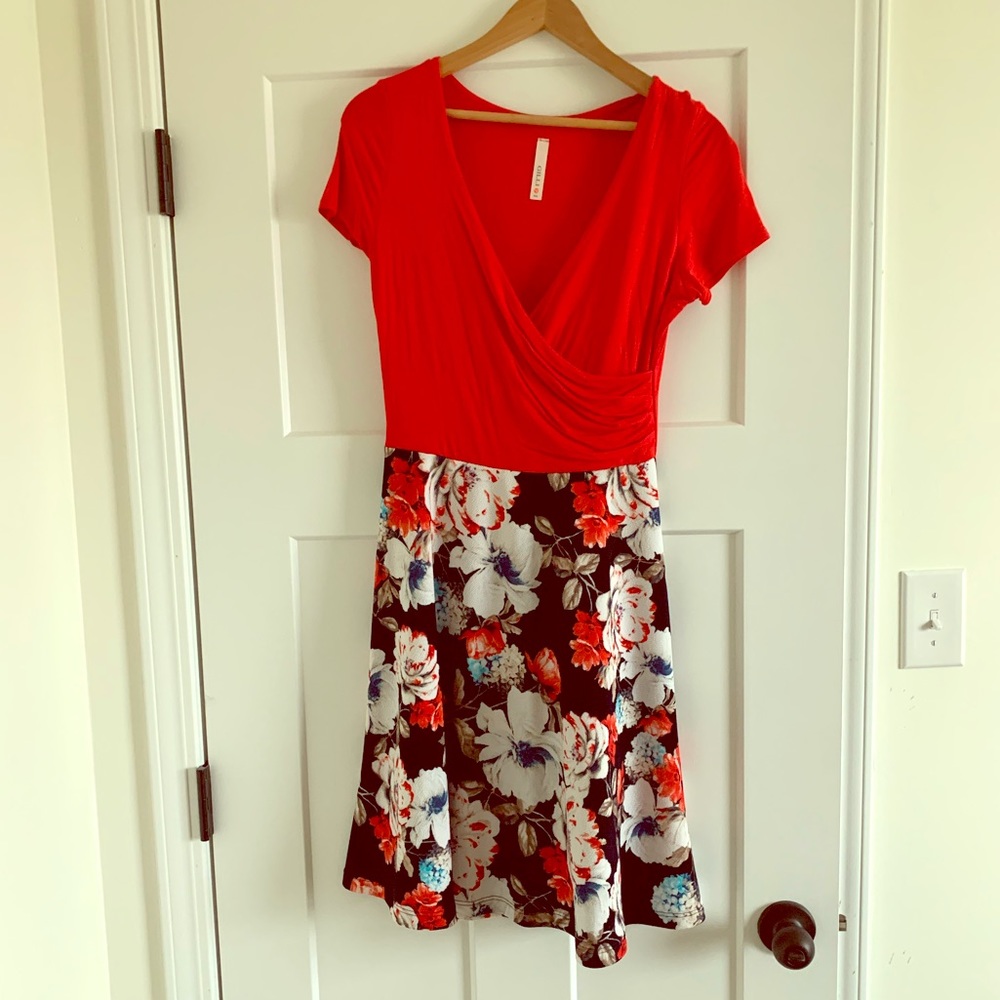 Red top dress with floral bottom